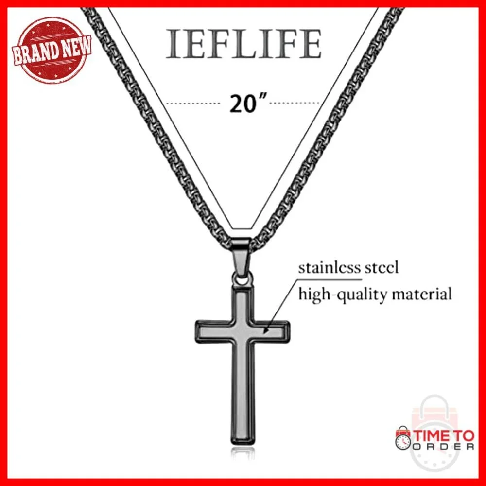 Stainless Steel Cross Necklace for Men, 20 Inch Box Chain, Religious Gift - Picture 6 of 7